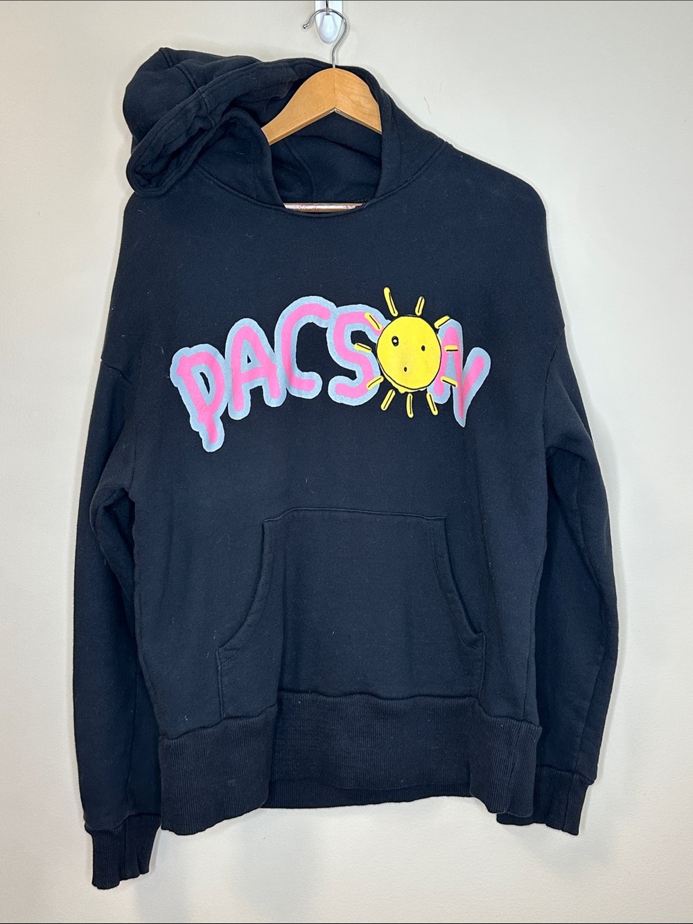 PacSun Black Hoodie with Pink Lettering and Yellow Sun Graphic
